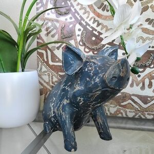 Rustic Farmhouse Wooden Pig Decorative Figurine Navy Blue